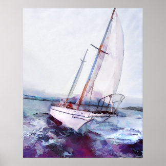 Eenvoudige waterverf en inkt van leaning Sailboat Poster