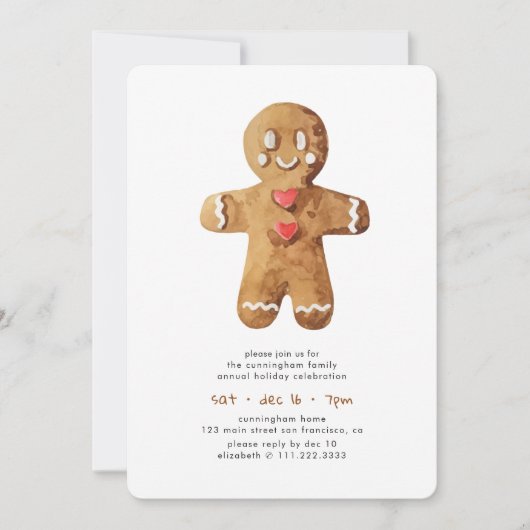 Eenvoudige Waterverf Gingerbrood Man Holiday Dinne Kaart (Voorkant)