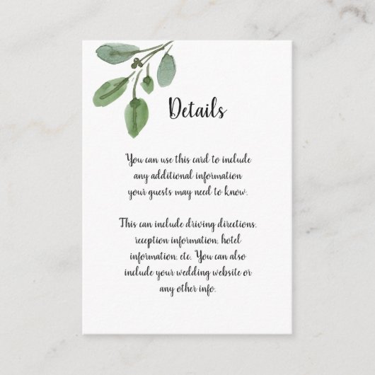 Eenvoudige Waterverf Greenery Script Wedding Detai Informatiekaartje (Voorkant)