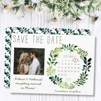 Eenvoudige Waterverf Groene Huwelijksfotokalender Save The Date