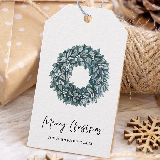 Eenvoudige Waterverf Groene Wreath | Vrolijk kerst Cadeaulabel