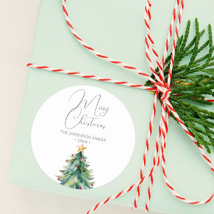 Eenvoudige Waterverf Kerstboom Vrolijk Kerstfeest Ronde Sticker