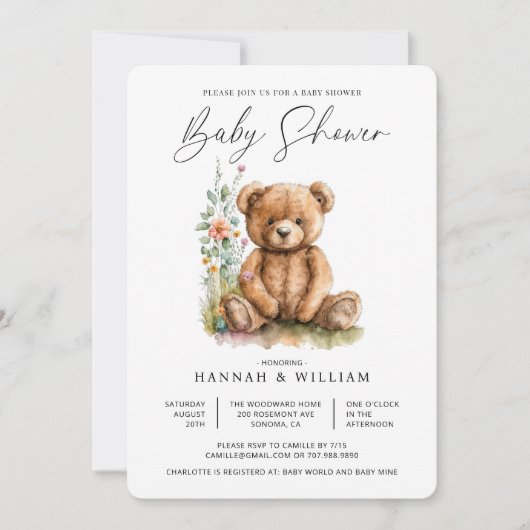 Eenvoudige Waterverf Kleine Teddibeer Baby Shower Kaart (Voorkant)