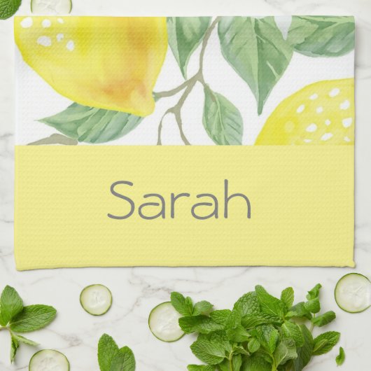 Eenvoudige Waterverf Lemon laat Geel Monogrammen Theedoek (Gevouwen)