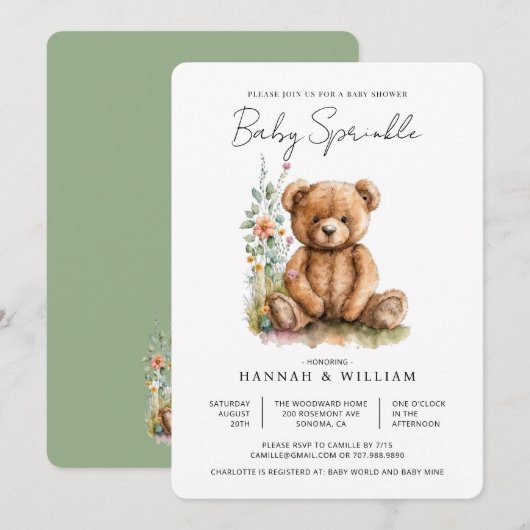 Eenvoudige Waterverf Little Teddy Bear Baby Sprink Kaart (Voorkant / Achterkant)