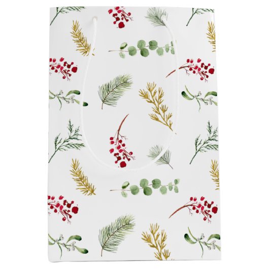 Eenvoudige Waterverf met gouden wintergroen kerstf Medium Cadeauzakje (Voorkant)