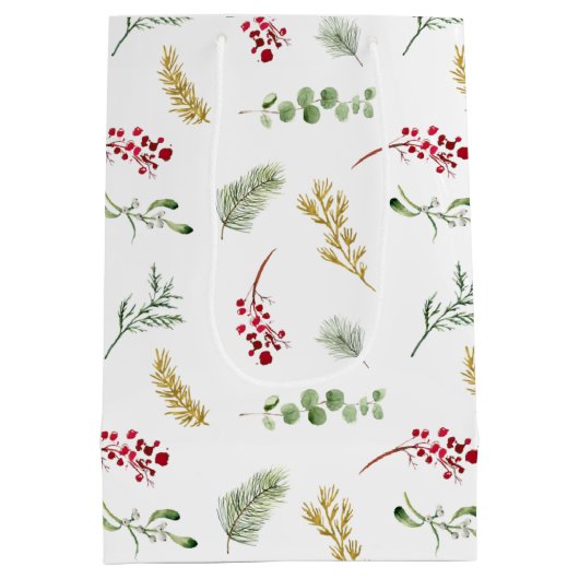 Eenvoudige Waterverf met gouden wintergroen kerstf Medium Cadeauzakje (Achterkant)