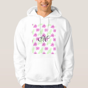 Eenvoudige waterverf roze bloem groene bladmonogra hoodie