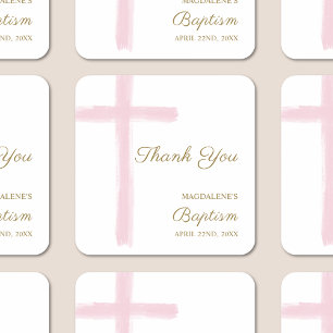 Eenvoudige Waterverf Roze Kruis Dank Je Wel Doop Vierkante Sticker