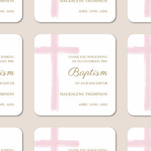 Eenvoudige Waterverf Roze Kruis Doop Dankjewel Vierkante Sticker