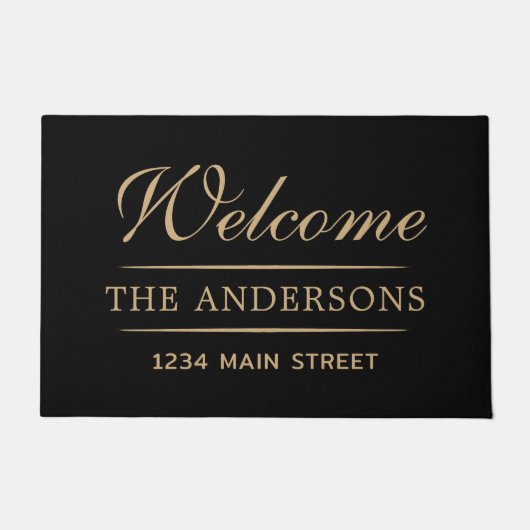 Eenvoudige Welkom Zwart en Tan Gepersonaliseerde f Deurmat (Voorkant)