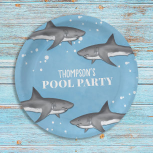 Eenvoudige whimsical Pool Party Sharks Blue Ocean Papieren Bordje