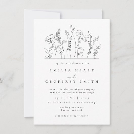 Eenvoudige Wildbloemen Tuin Lineart Bruiloft Kaart (Voorkant)