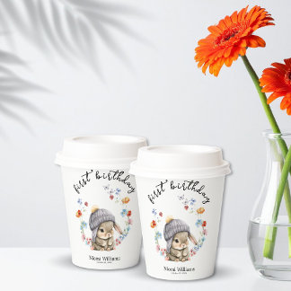 Eenvoudige Wilde Bloem Bos Konijn 1e Verjaardag Papieren Bekers