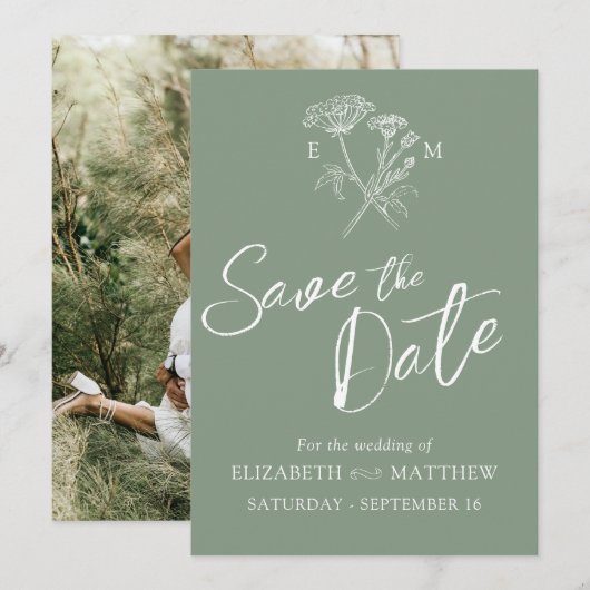 Eenvoudige wilde bloem groen wit foto save the date (Voorkant / Achterkant)
