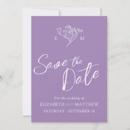 Eenvoudige wilde bloem monogram tekening paarse fo save the date