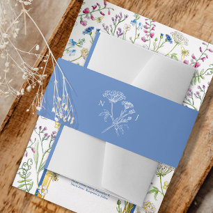 Eenvoudige wilde bloem weide blauw wit bruiloft uitnodigingen wikkel