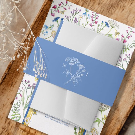 Eenvoudige wilde bloem weide blauw wit bruiloft uitnodigingen wikkel