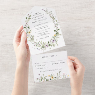 Eenvoudige Wilde Bloemenkrans Bruiloft All In One Uitnodiging