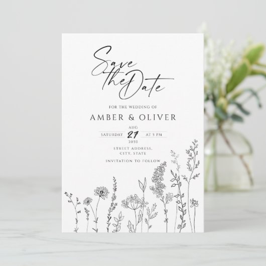 Eenvoudige Wildflower Line Art Save The Date Kaart (Staand voorkant)