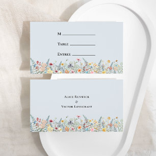 Eenvoudige Wildflower Stoffig Blauw Bruiloft Menu Plaatskaartje