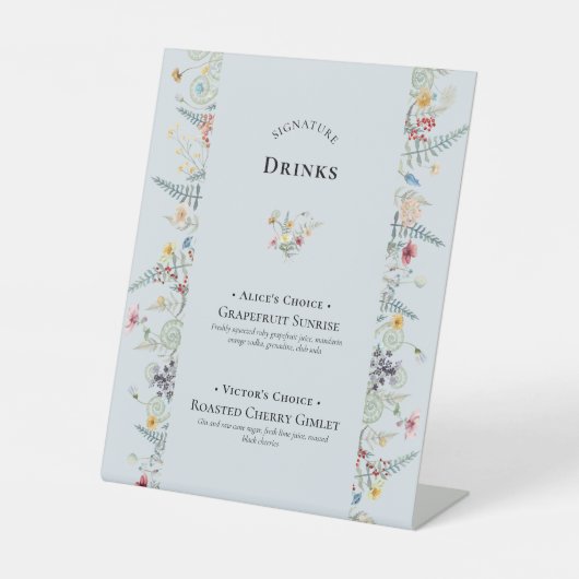 Eenvoudige Wildflower Varen Stoffig Blauw Signatur Reclamebord Met Voetstuk (Voorkant)