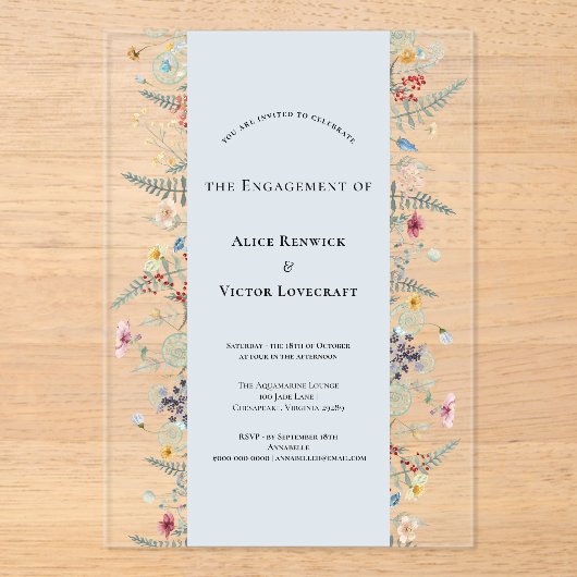 Eenvoudige Wildflower Varen Stoffig Blauw Verlovin Acryl Uitnodigingen (Voorkant)