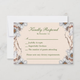Eenvoudige winter bruiloft witte bloemen RSVP kaartje