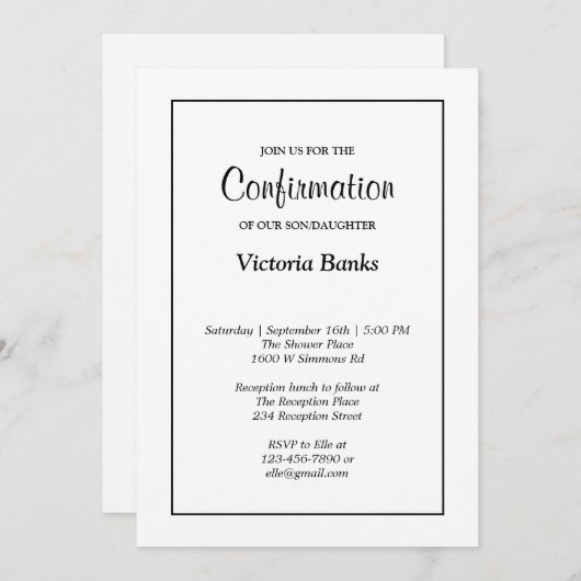 Eenvoudige, witte bevestiging uitnodiging (Voorkant / Achterkant)