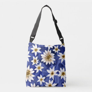 Eenvoudige Witte Bloemen op Blauwe Achtergrond Wat Crossbody Tas