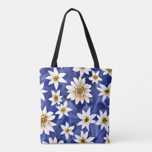 Eenvoudige Witte Bloemen op Blauwe Achtergrond Wat Draagtas