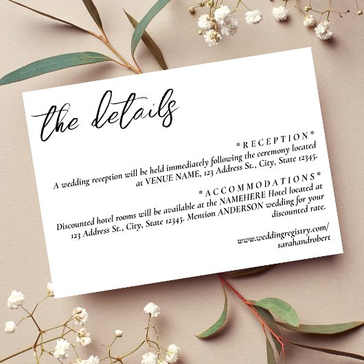 Eenvoudige witte bruiloft details informatiekaartje