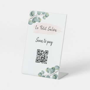Eenvoudige witte eucalyptus QR-code Scannen naar b Reclamebord Met Voetstuk