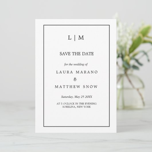 Eenvoudige Witte Formele Monogram Bruiloft Save The Date (Staand voorkant)
