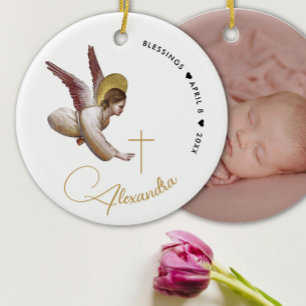 Eenvoudige Witte Gouden Engel Zegen Doop Kalligraf Keramisch Ornament