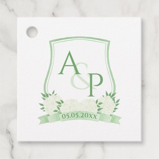 Eenvoudige witte hydrangeas Greenery Wedding Crest Bedankjes Labels (Voorkant)