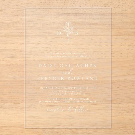 Eenvoudige Witte Moderne Bloemige Monogram Trouw T Acryl Uitnodigingen (Voorkant)