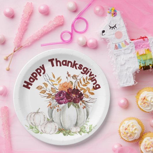 Eenvoudige Witte Pompoen & Bloemen Thanksgiving | Papieren Bordje (Feest)