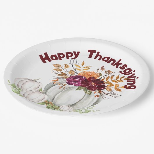 Eenvoudige Witte Pompoen & Bloemen Thanksgiving | Papieren Bordje (Gekanteld)