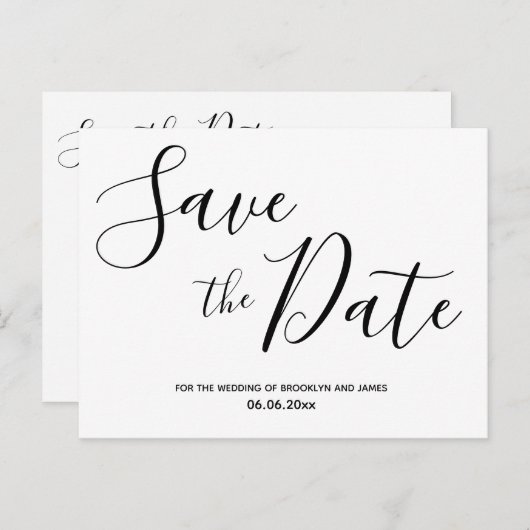 Eenvoudige witte Save The Date-ansichtkaarten met Aankondigingskaart (Voorkant / Achterkant)