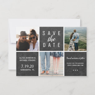 Eenvoudige witte schoolbord 3 foto collage bruilof save the date