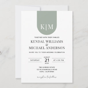 Eenvoudige witte stoffige groene elegante monogram kaart
