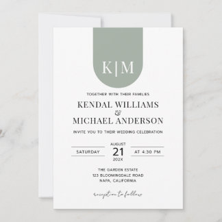 Eenvoudige witte stoffige groene elegante monogram kaart