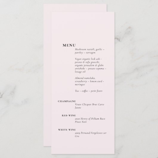 Eenvoudige zachte blos Elegante Romantische Solid  Menu (Voorkant / Achterkant)