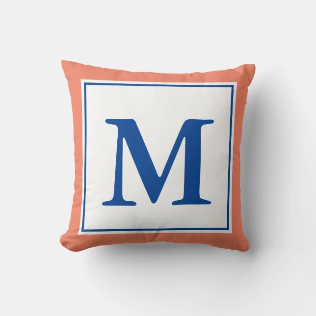 Eenvoudige zalm en diepblauw Monogrammen Kussen (Voorkant)