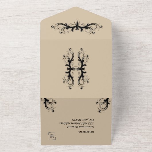 Eenvoudige zandsteen en zwarte drift-ridderbruilof all in one uitnodiging (Buitenkant)