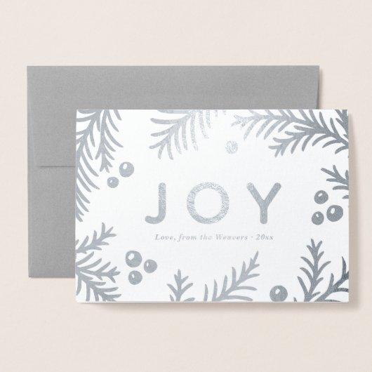 Eenvoudige zilveren JOY-vakantiecaarten | Echte Fo Folie Kaarten (Voorkant met envelop)