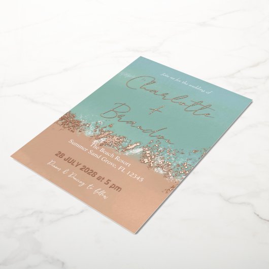 Eenvoudige zomervakantiestrand bruiloft Rosegold Folie Uitnodiging (Gedraaid)