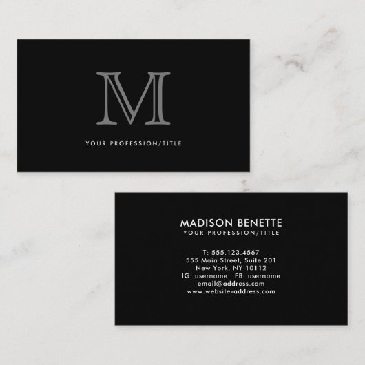 Eenvoudige zwart-grijs moderne Typografie-monogram Visitekaartje (Voorkant / Achterkant)