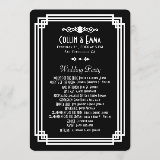 Eenvoudige zwart-wit Art Deco bruiloft programma's (Voorkant)